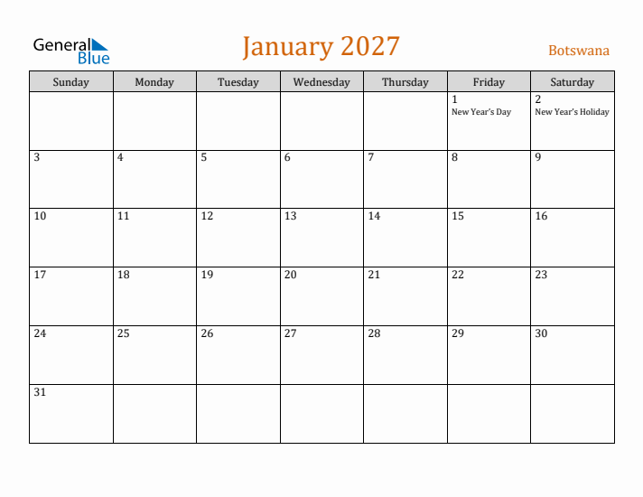 January 2027 Holiday Calendar with Sunday Start