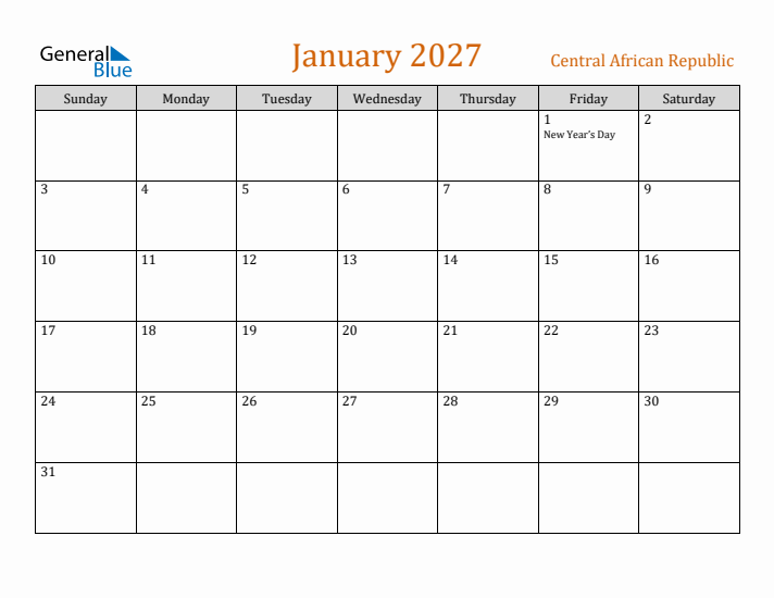 January 2027 Holiday Calendar with Sunday Start