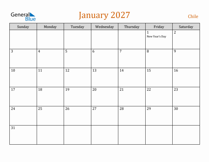 January 2027 Holiday Calendar with Sunday Start