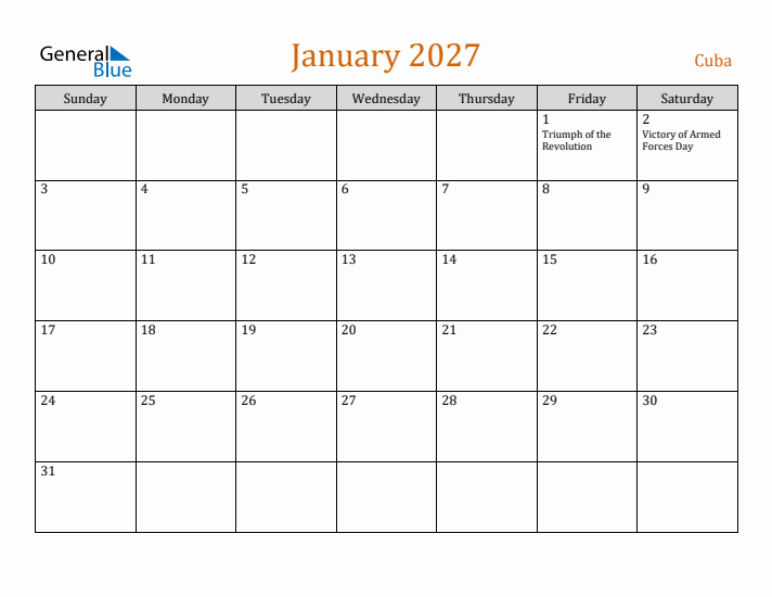 January 2027 Holiday Calendar with Sunday Start