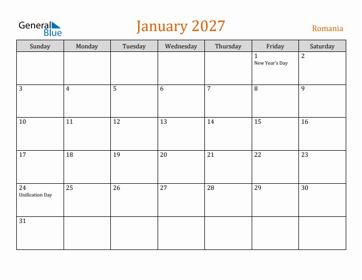 January 2027 Holiday Calendar with Sunday Start