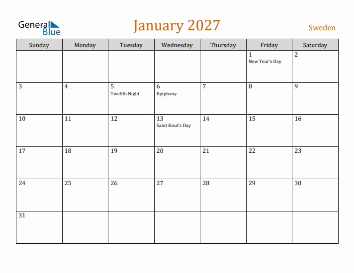 January 2027 Holiday Calendar with Sunday Start