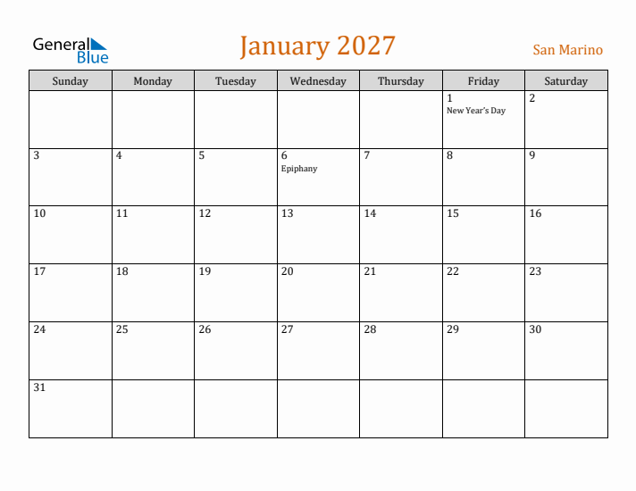 January 2027 Holiday Calendar with Sunday Start