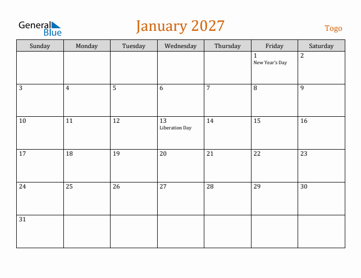 January 2027 Holiday Calendar with Sunday Start