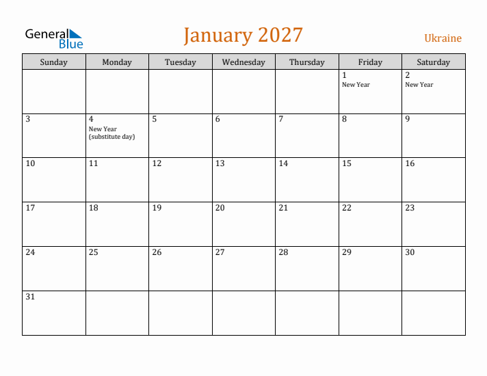 January 2027 Holiday Calendar with Sunday Start