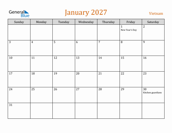 January 2027 Holiday Calendar with Sunday Start