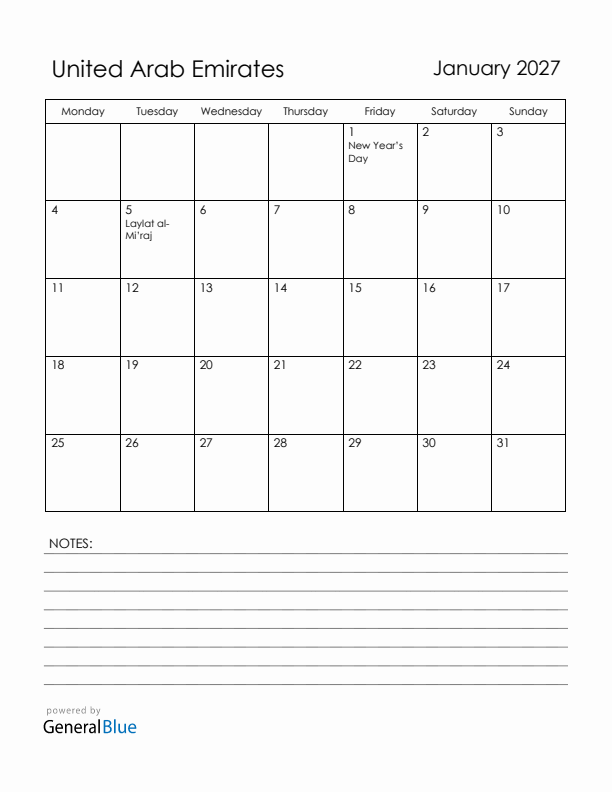 January 2027 United Arab Emirates Calendar with Holidays (Monday Start)