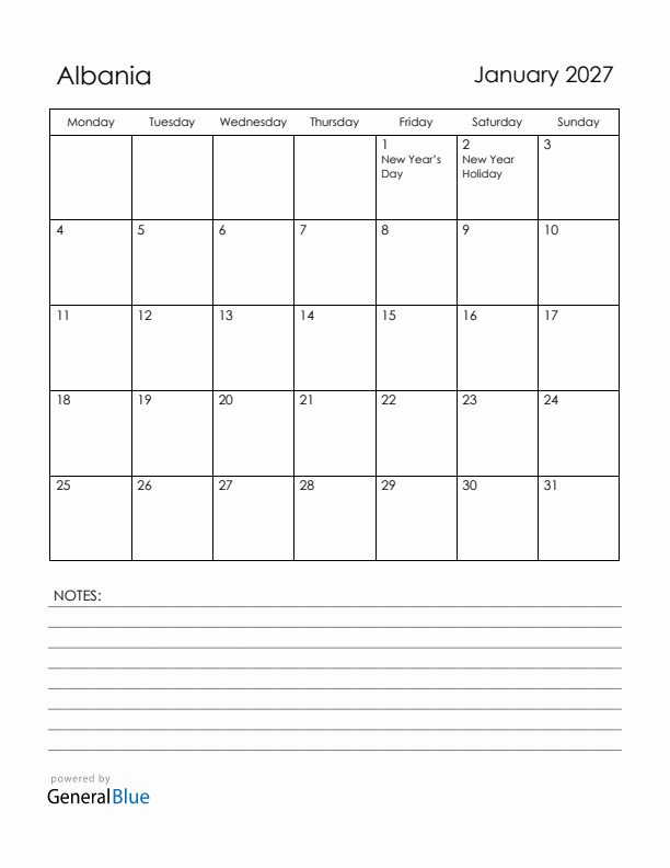 January 2027 Albania Calendar with Holidays (Monday Start)