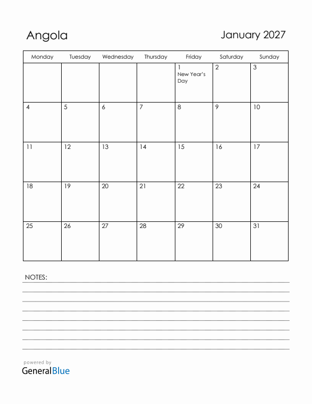 January 2027 Angola Calendar with Holidays (Monday Start)