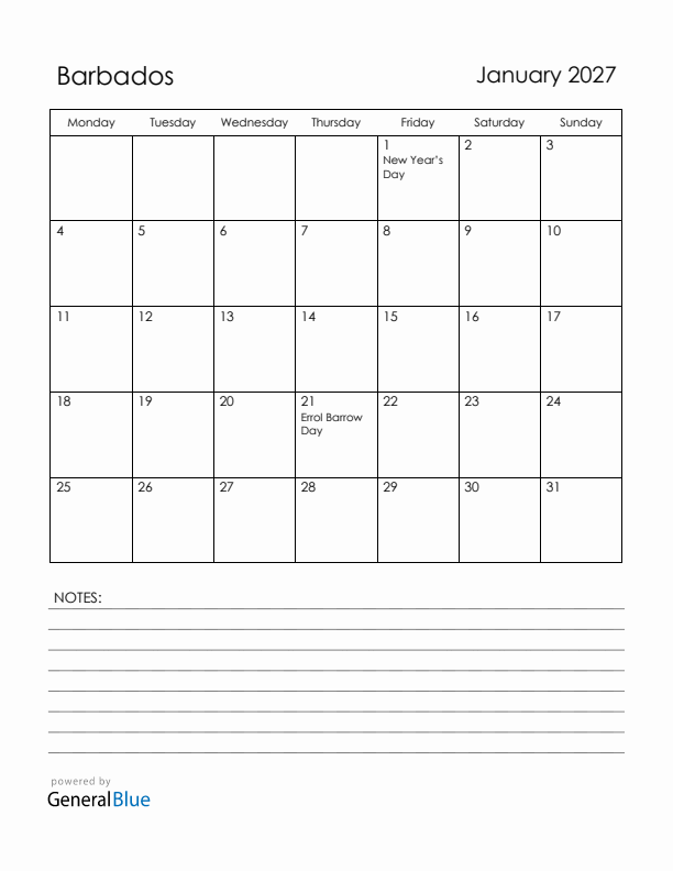 January 2027 Barbados Calendar with Holidays (Monday Start)