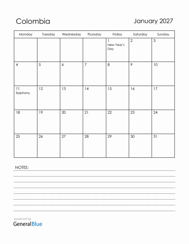 January 2027 Colombia Calendar with Holidays (Monday Start)