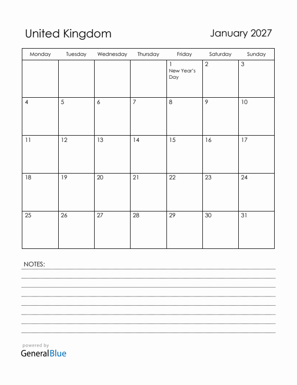 January 2027 United Kingdom Calendar with Holidays (Monday Start)