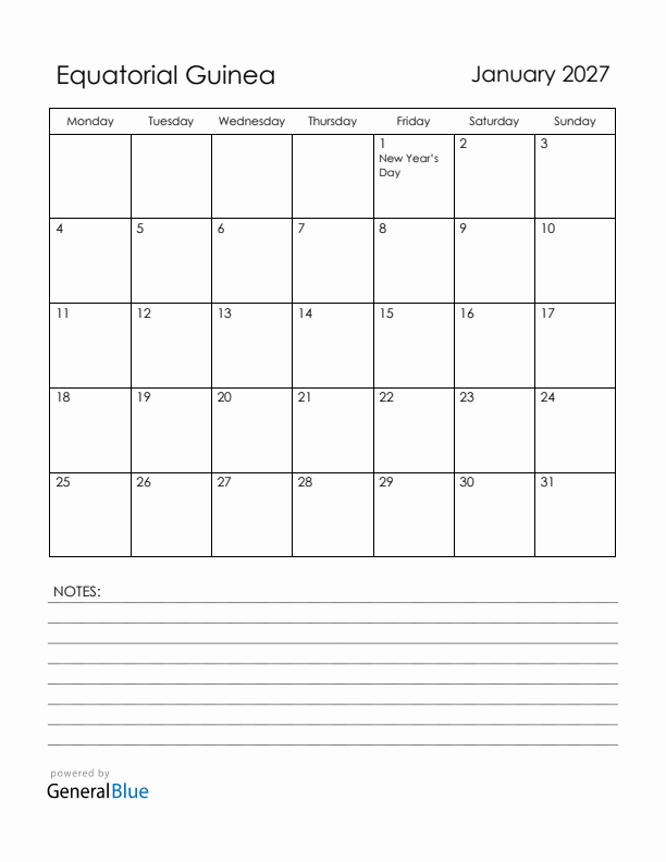 January 2027 Equatorial Guinea Calendar with Holidays (Monday Start)