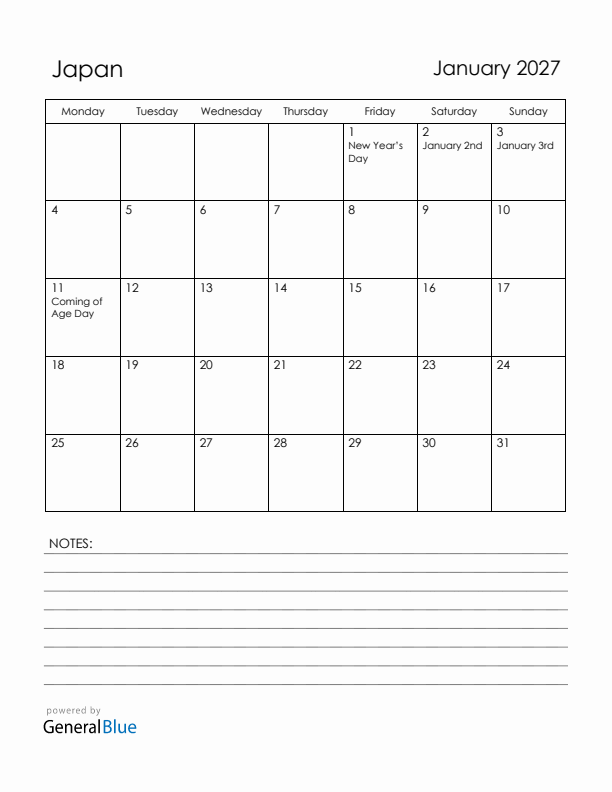 January 2027 Japan Calendar with Holidays (Monday Start)