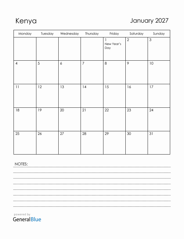 January 2027 Kenya Calendar with Holidays (Monday Start)