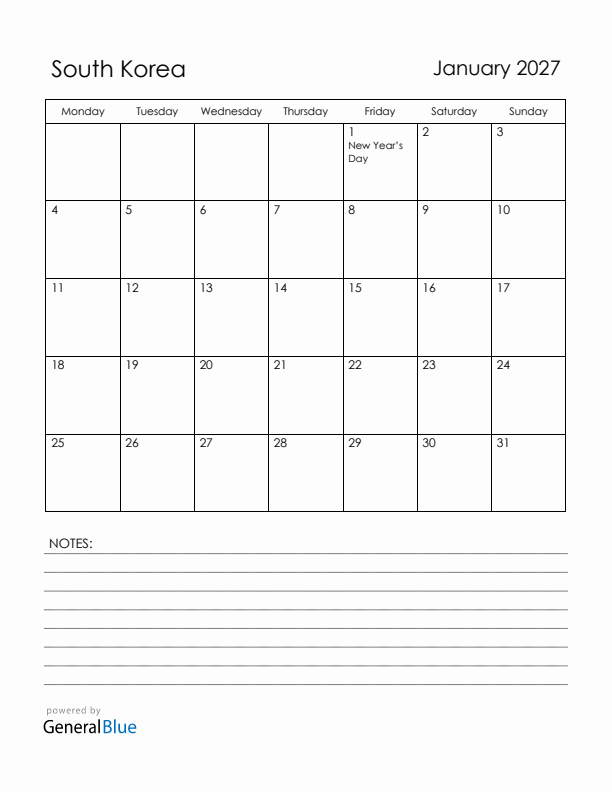 January 2027 South Korea Calendar with Holidays (Monday Start)