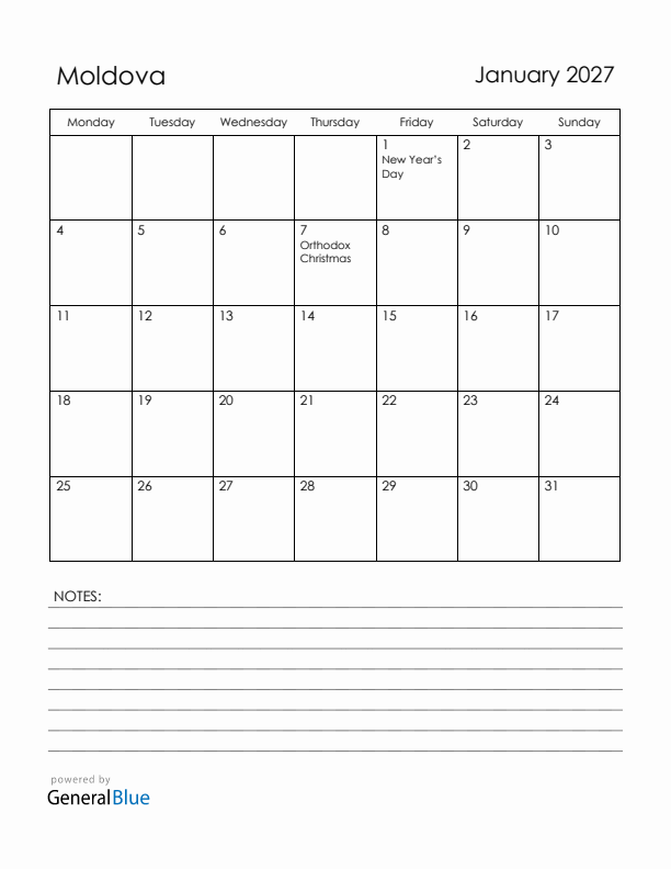 January 2027 Moldova Calendar with Holidays (Monday Start)