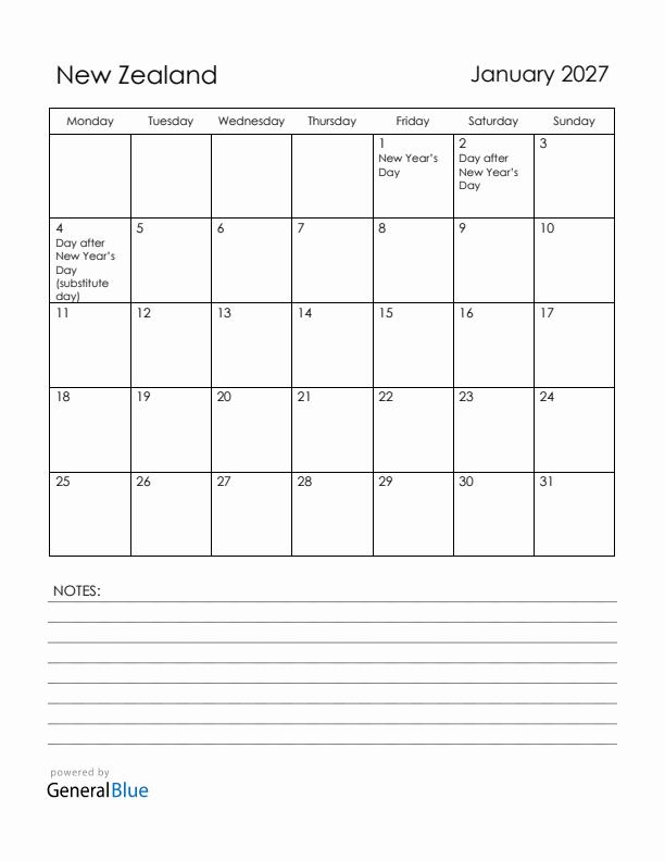 January 2027 New Zealand Calendar with Holidays (Monday Start)