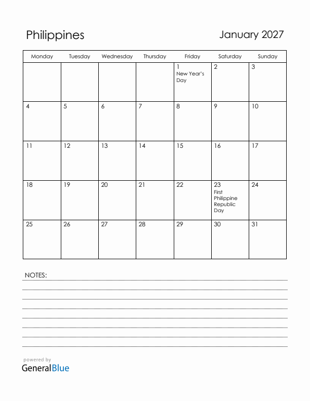 January 2027 Philippines Calendar with Holidays (Monday Start)