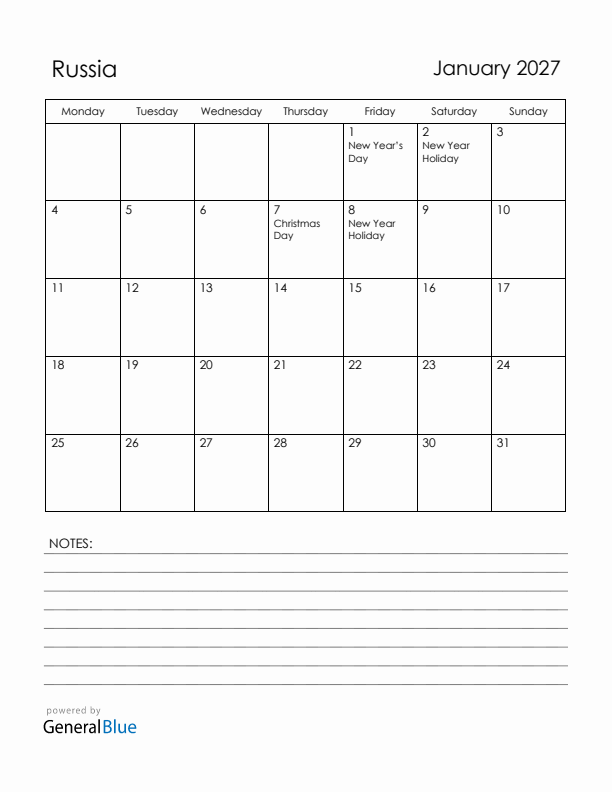 January 2027 Russia Calendar with Holidays (Monday Start)