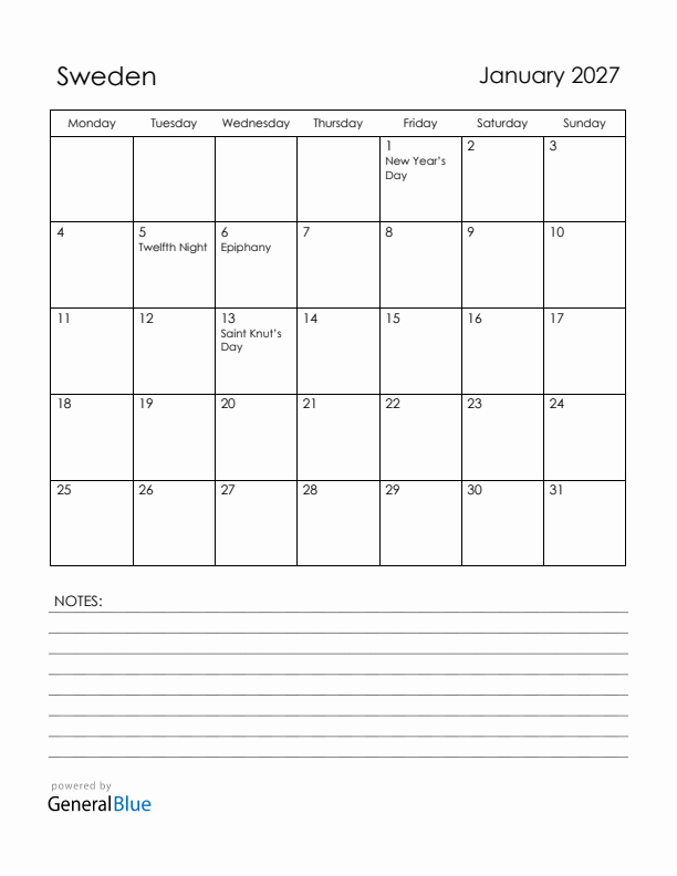 January 2027 Sweden Calendar with Holidays (Monday Start)