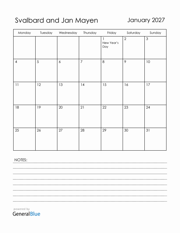 January 2027 Svalbard and Jan Mayen Calendar with Holidays (Monday Start)