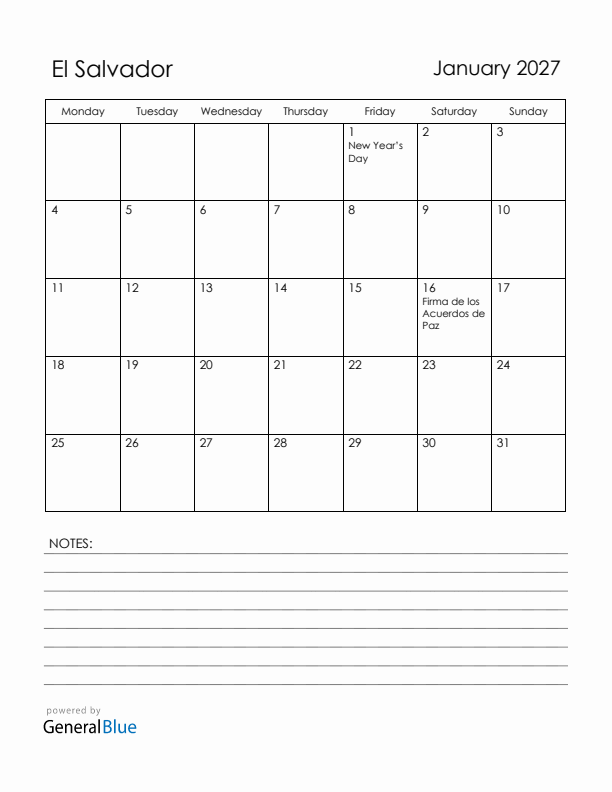 January 2027 El Salvador Calendar with Holidays (Monday Start)