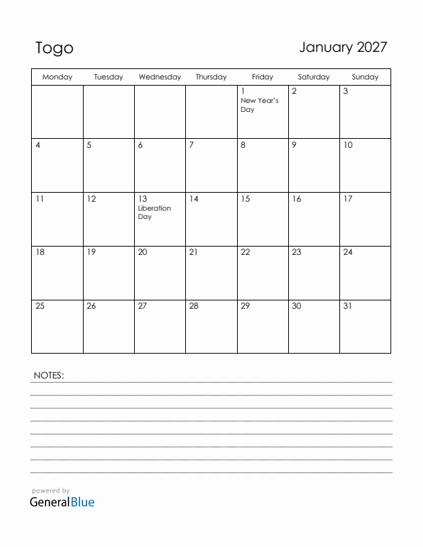 January 2027 Togo Calendar with Holidays (Monday Start)