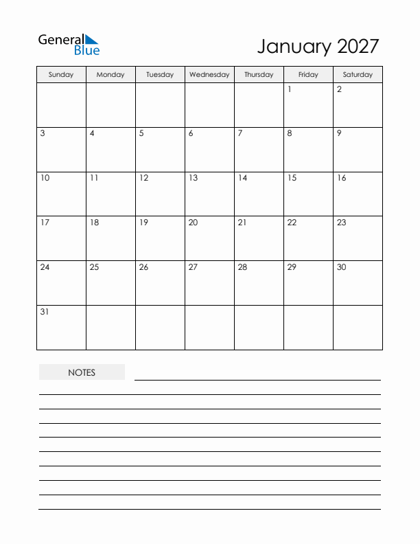 Printable Calendar with Notes - January 2027 