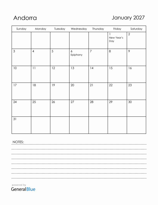 January 2027 Andorra Calendar with Holidays (Sunday Start)