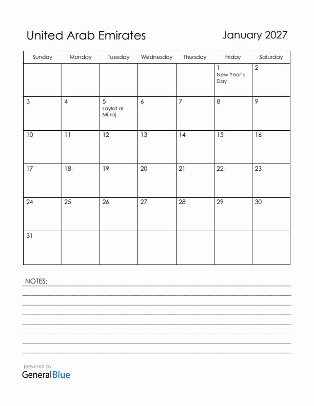 January 2027 United Arab Emirates Calendar with Holidays (Sunday Start)