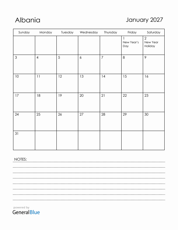 January 2027 Albania Calendar with Holidays (Sunday Start)