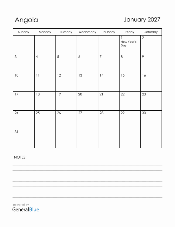 January 2027 Angola Calendar with Holidays (Sunday Start)