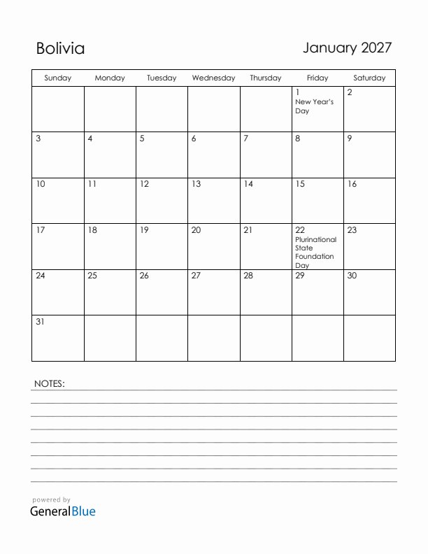 January 2027 Bolivia Calendar with Holidays (Sunday Start)