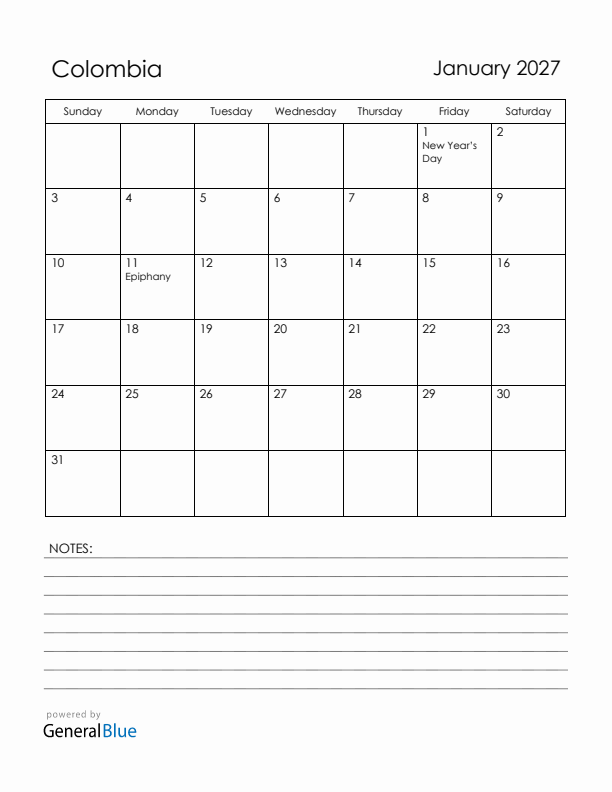 January 2027 Colombia Calendar with Holidays (Sunday Start)