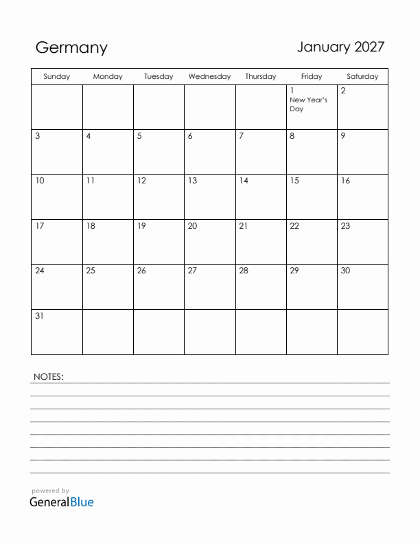 January 2027 Germany Calendar with Holidays (Sunday Start)