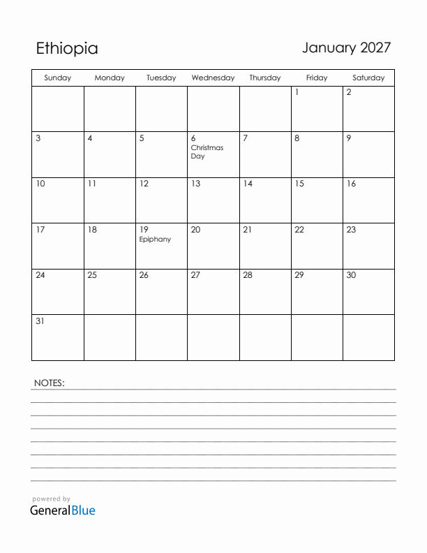 January 2027 Ethiopia Calendar with Holidays (Sunday Start)