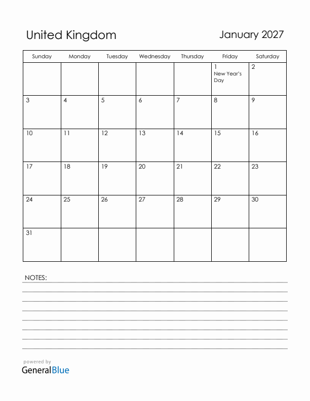 January 2027 United Kingdom Calendar with Holidays (Sunday Start)