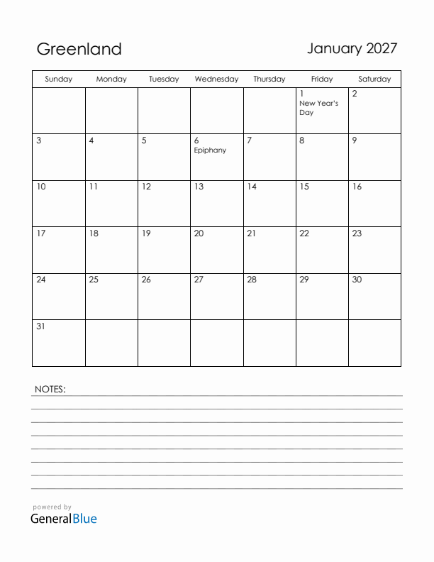 January 2027 Greenland Calendar with Holidays (Sunday Start)