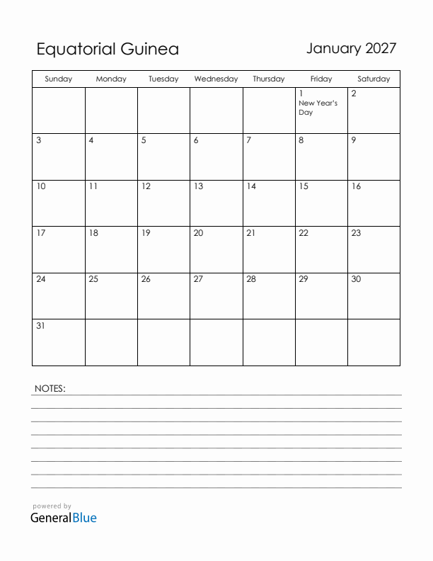 January 2027 Equatorial Guinea Calendar with Holidays (Sunday Start)