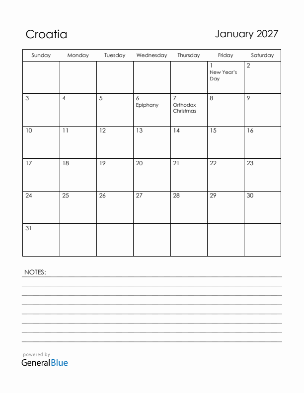 January 2027 Croatia Calendar with Holidays (Sunday Start)
