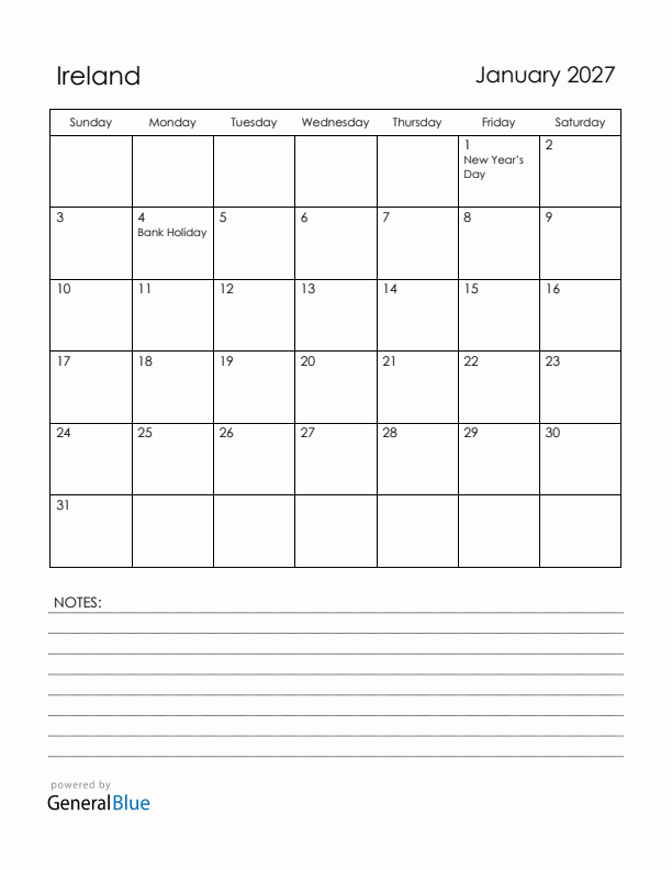 January 2027 Ireland Calendar with Holidays (Sunday Start)