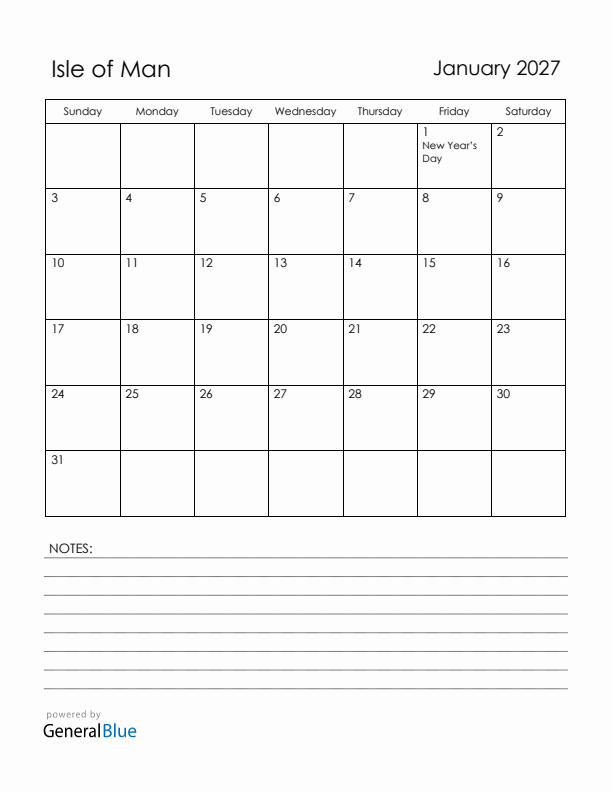 January 2027 Isle of Man Calendar with Holidays (Sunday Start)