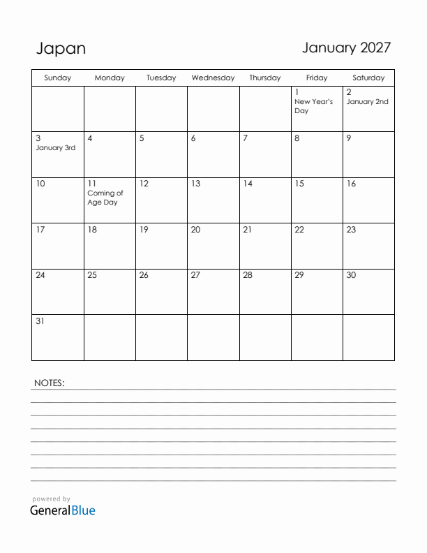January 2027 Japan Calendar with Holidays (Sunday Start)