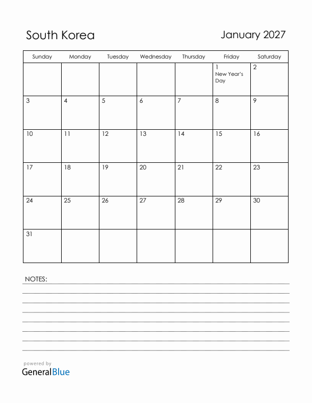 January 2027 South Korea Calendar with Holidays (Sunday Start)