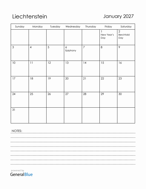 January 2027 Liechtenstein Calendar with Holidays (Sunday Start)