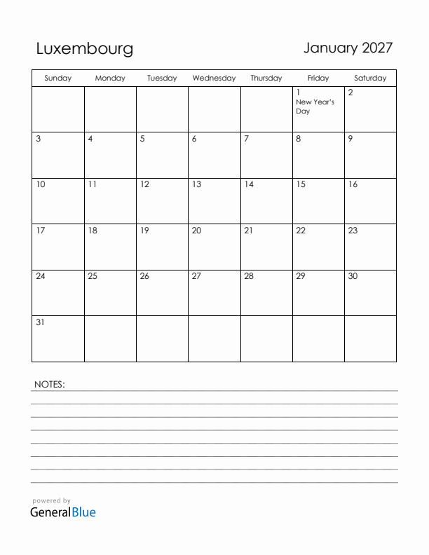 January 2027 Luxembourg Calendar with Holidays (Sunday Start)