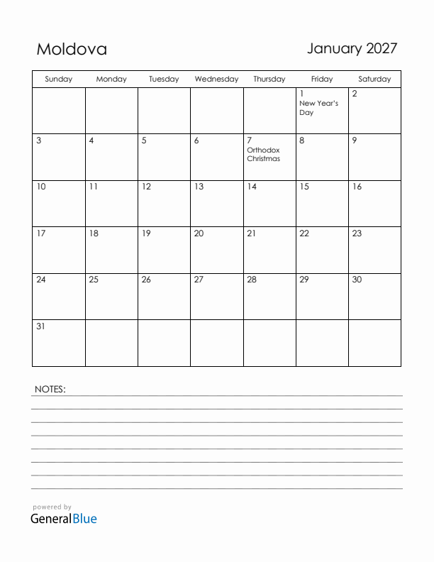 January 2027 Moldova Calendar with Holidays (Sunday Start)