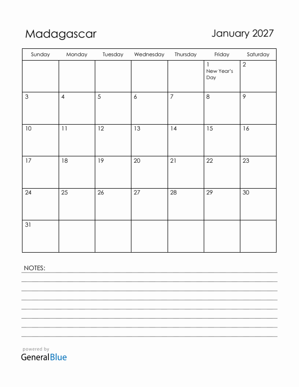 January 2027 Madagascar Calendar with Holidays (Sunday Start)