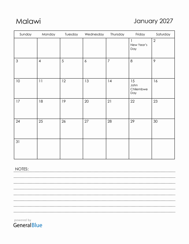 January 2027 Malawi Calendar with Holidays (Sunday Start)